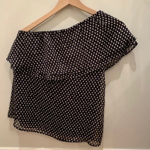Navy blue and white polkadot one shoulder blouse